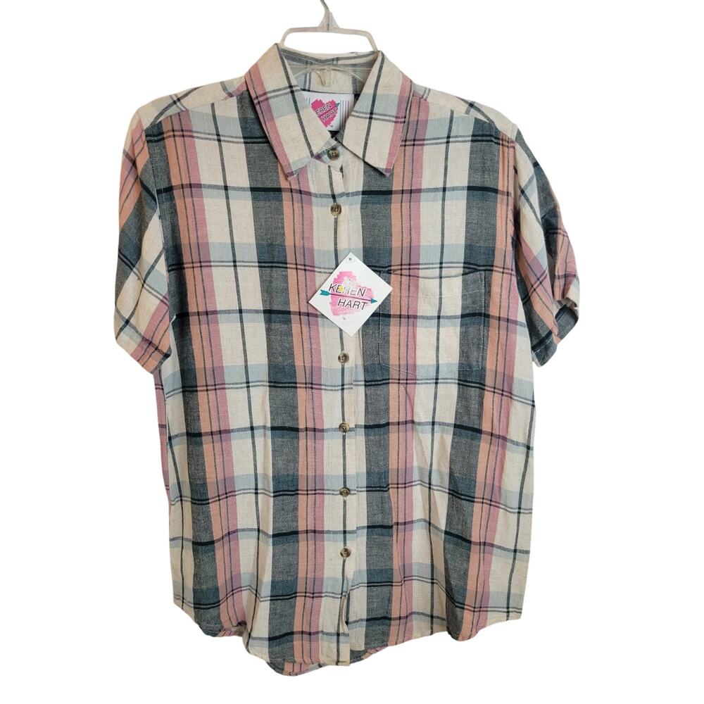 NWT VTG Keren Hart Pink Gray Plaid Linen‎ Blend Button Up Shirt Women's Sz Small
